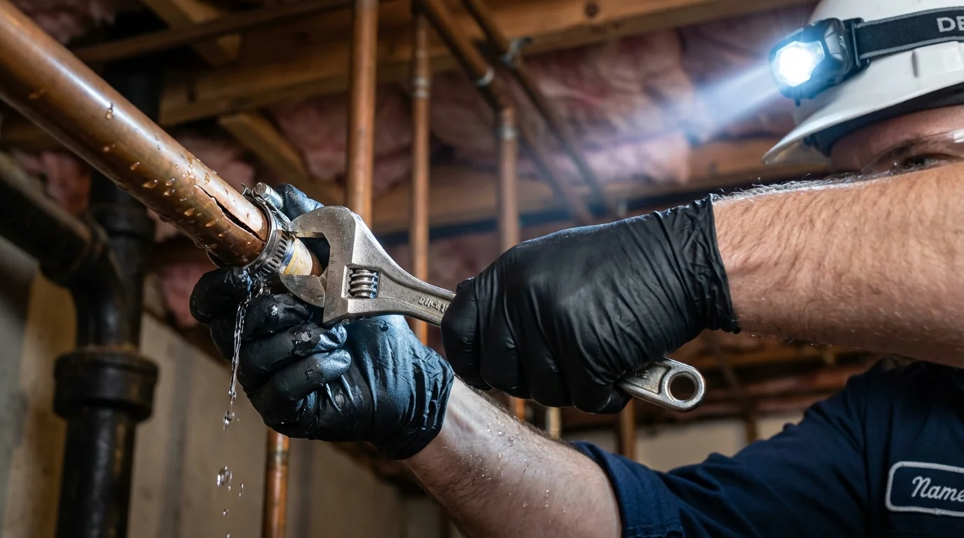 Emergency pipe clamp repair being performed by a Johns Plumbing LLC plumber in Hillsboro