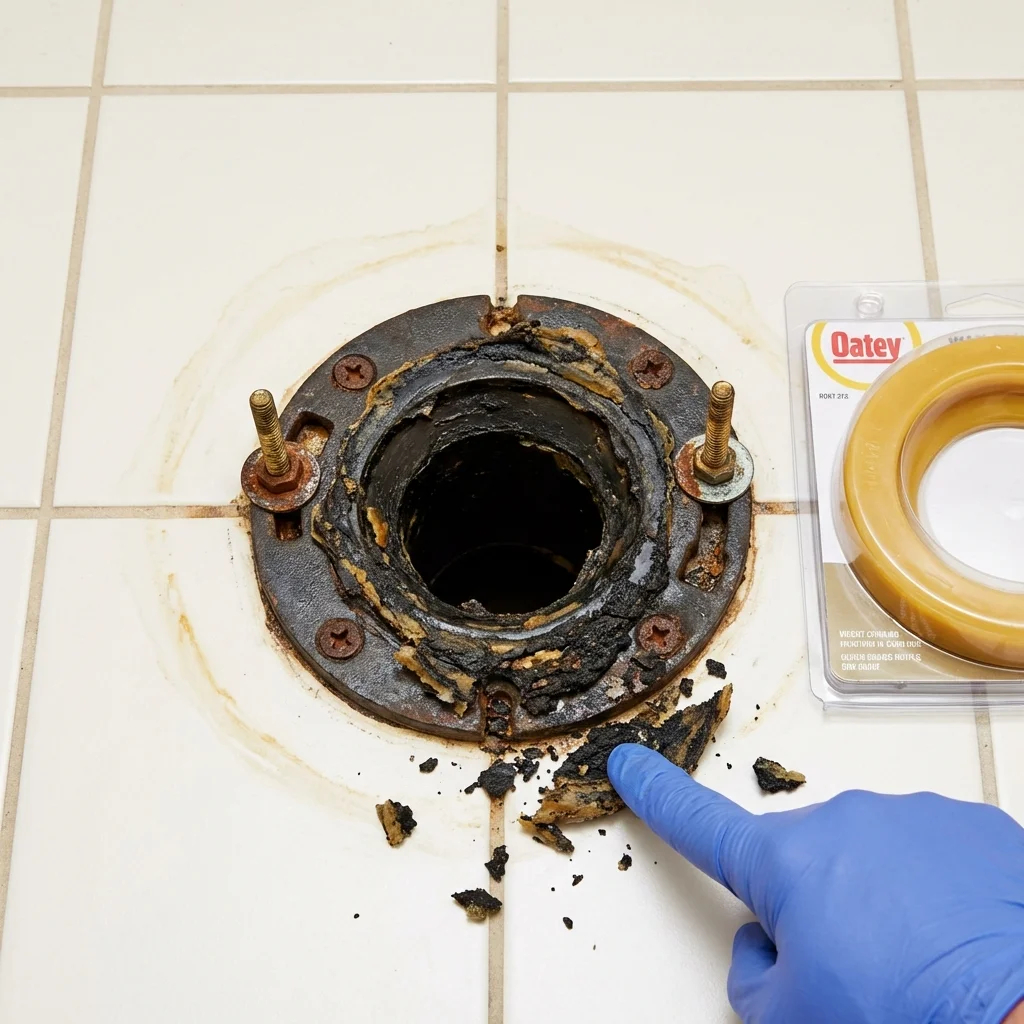 Failed wax ring showing water seepage at the base of a toilet in a Hillsboro, IL home