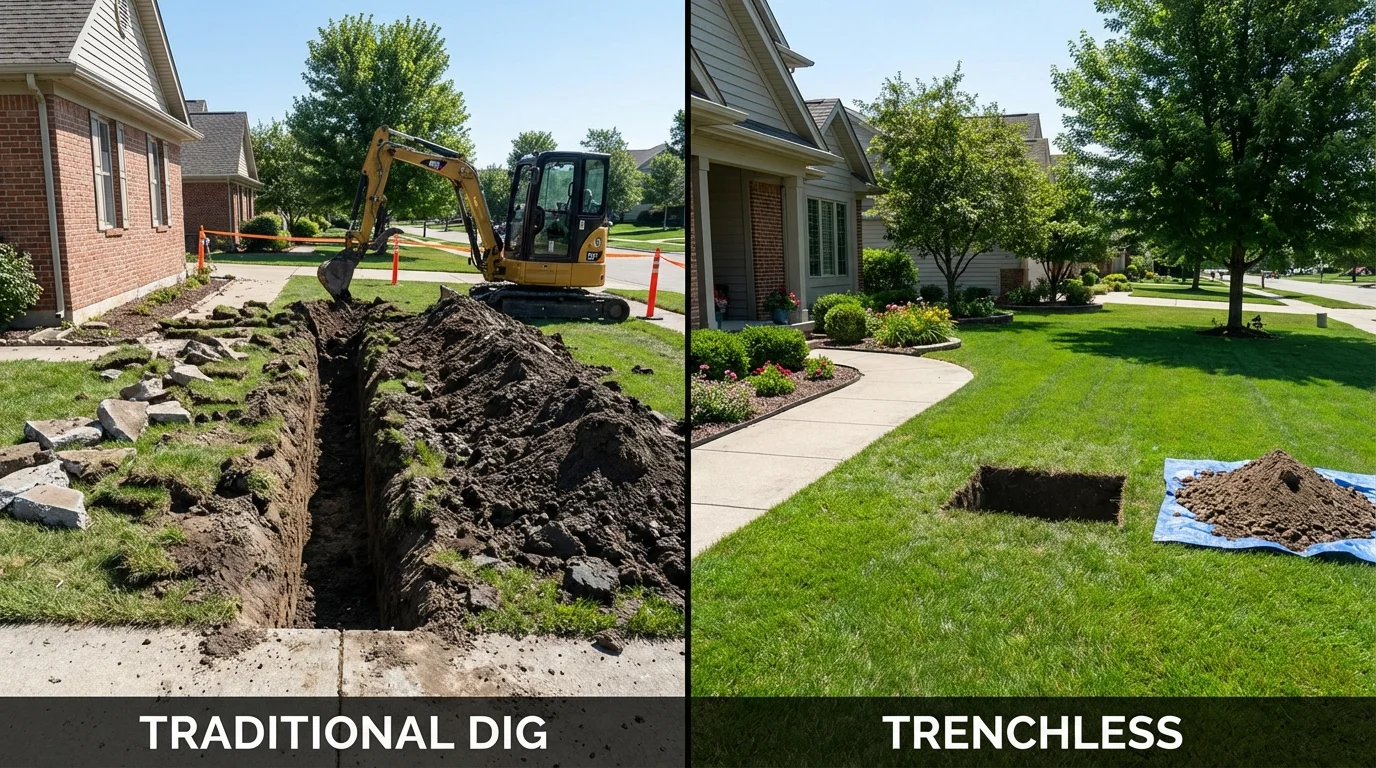 Trenchless sewer repair with minimal yard damage versus traditional excavation in Hillsboro, IL