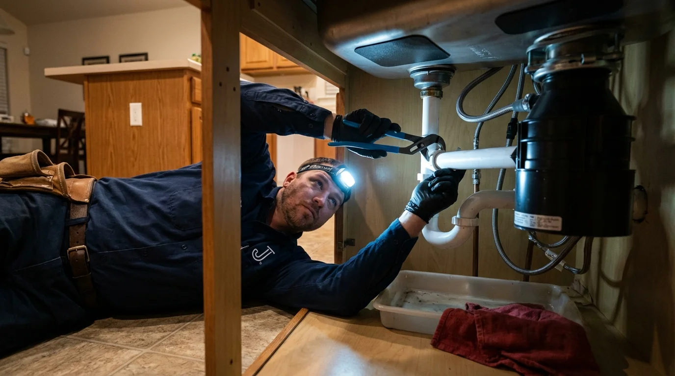P-trap and supply line connections under a kitchen sink showing a common leak point in Hillsboro, IL